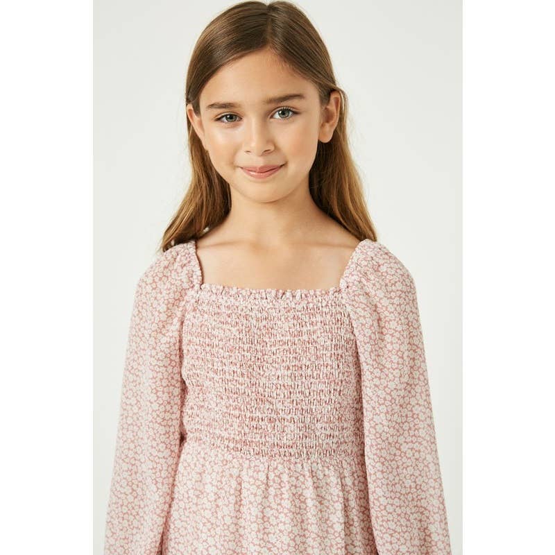 Paperdoll - Girls Smocked Square Neck Floral Mini Dress