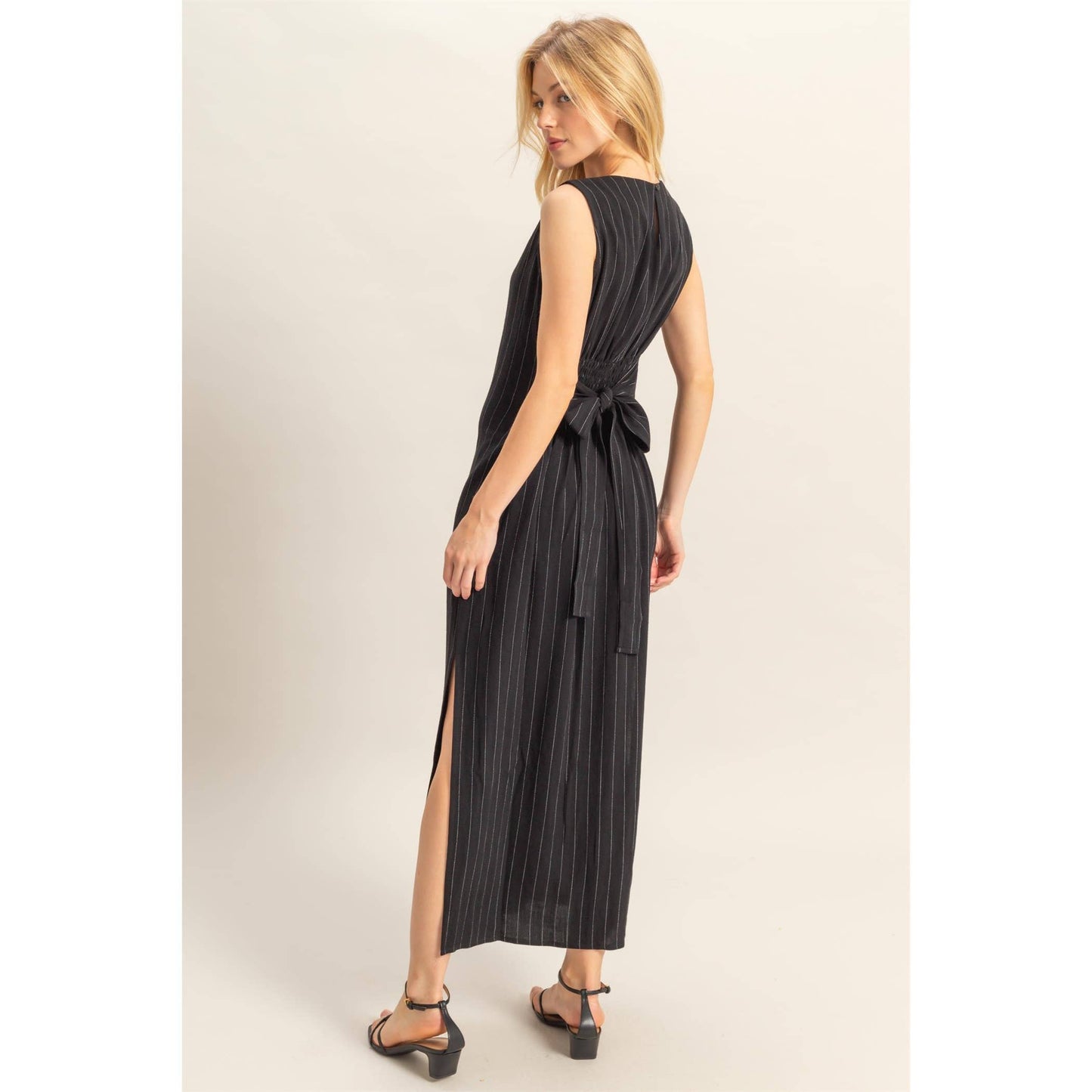 HYFVE - HF25E059-Striped Rayon Linen Side Slit Maxi Dress