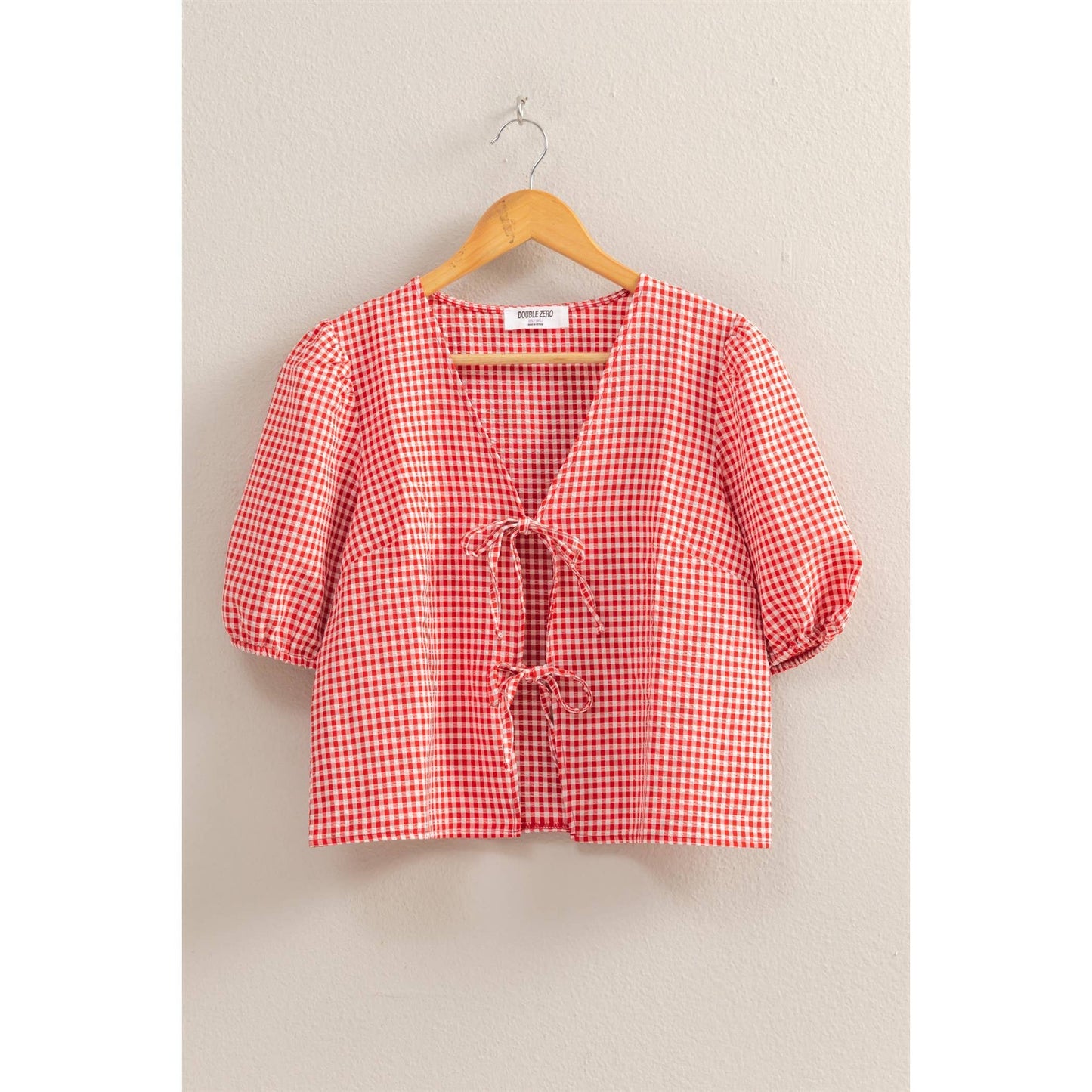 HYFVE - DZ25C145-Gingham Print Bow Tie Puff Sleeve Blouse