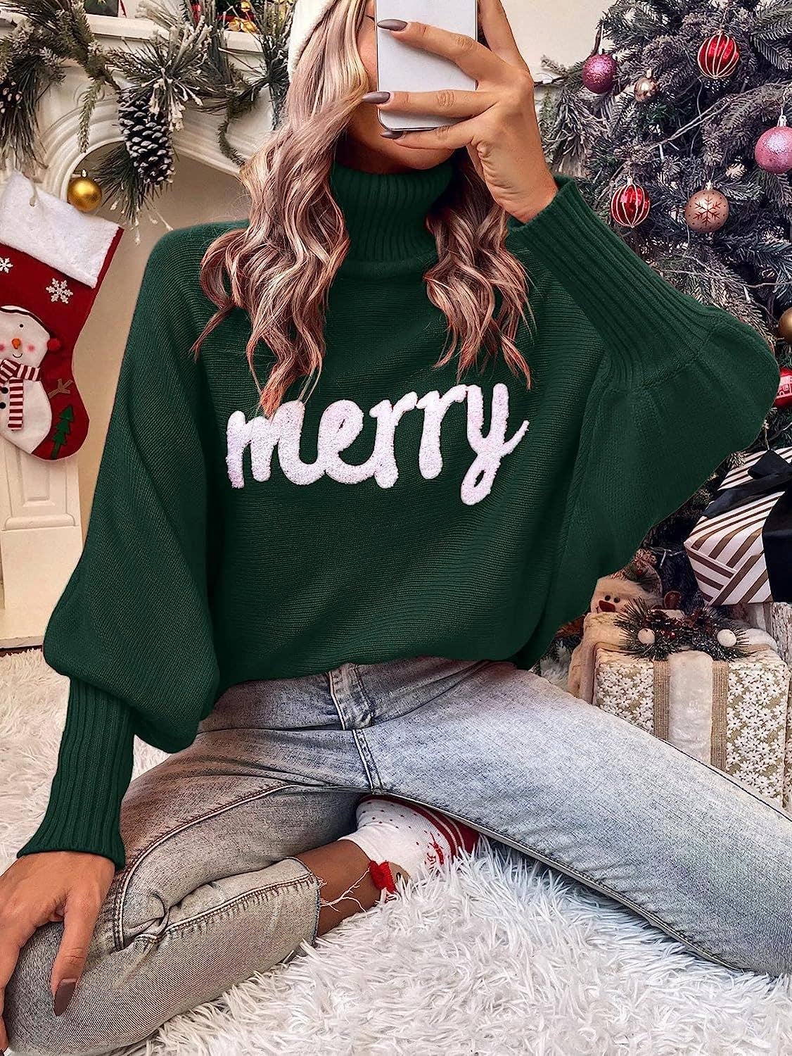UNISHE - Merry Embroidered High Neck Sweater - Dark Green