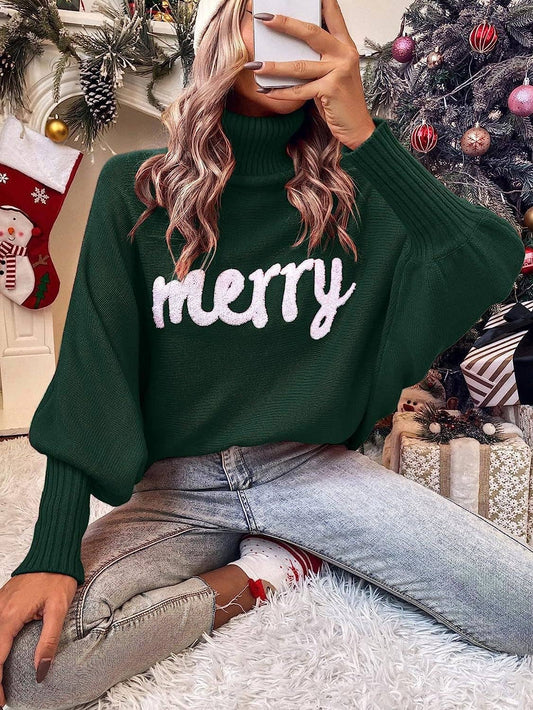 UNISHE - Merry Embroidered High Neck Sweater - Dark Green
