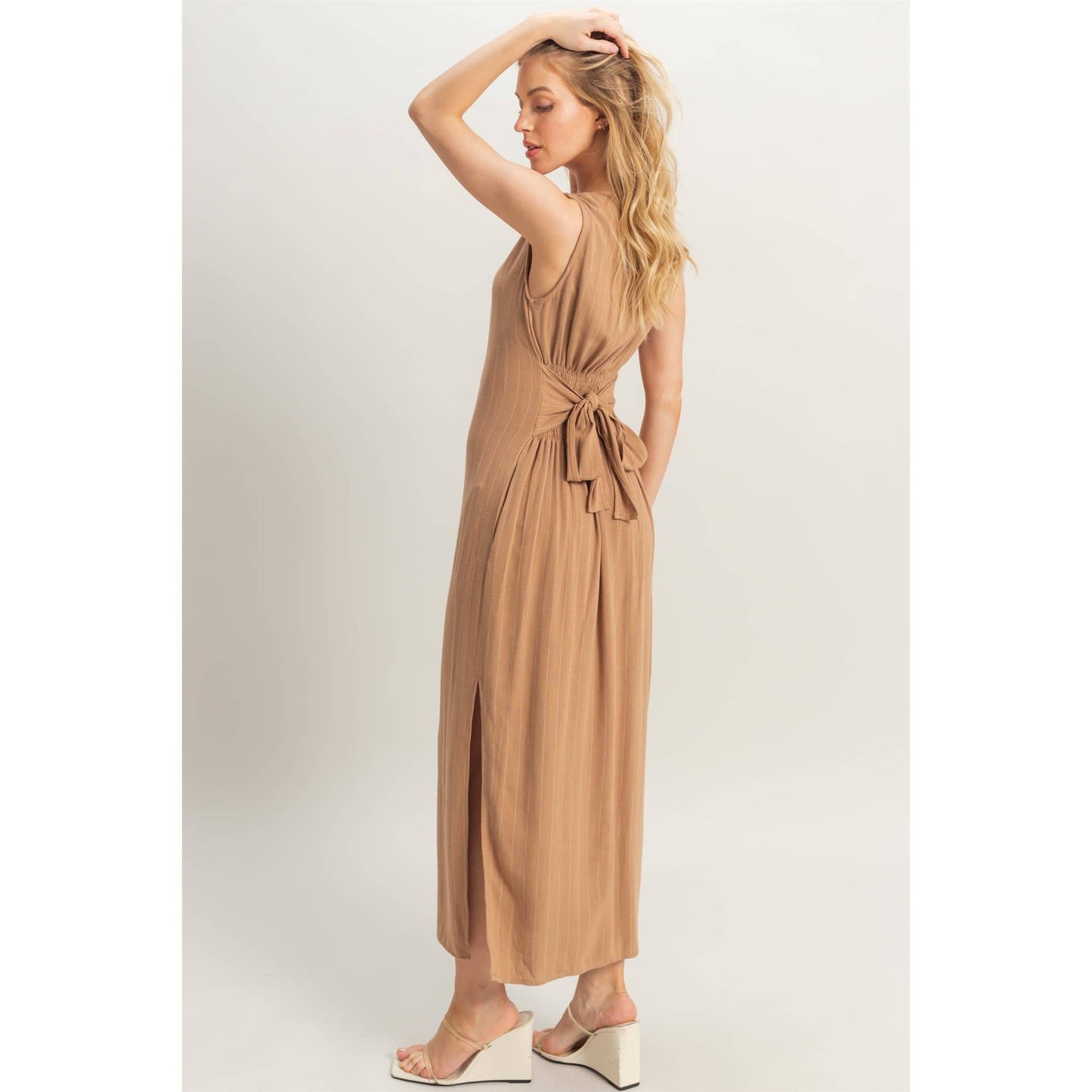 HYFVE - HF25E059-Striped Rayon Linen Side Slit Maxi Dress