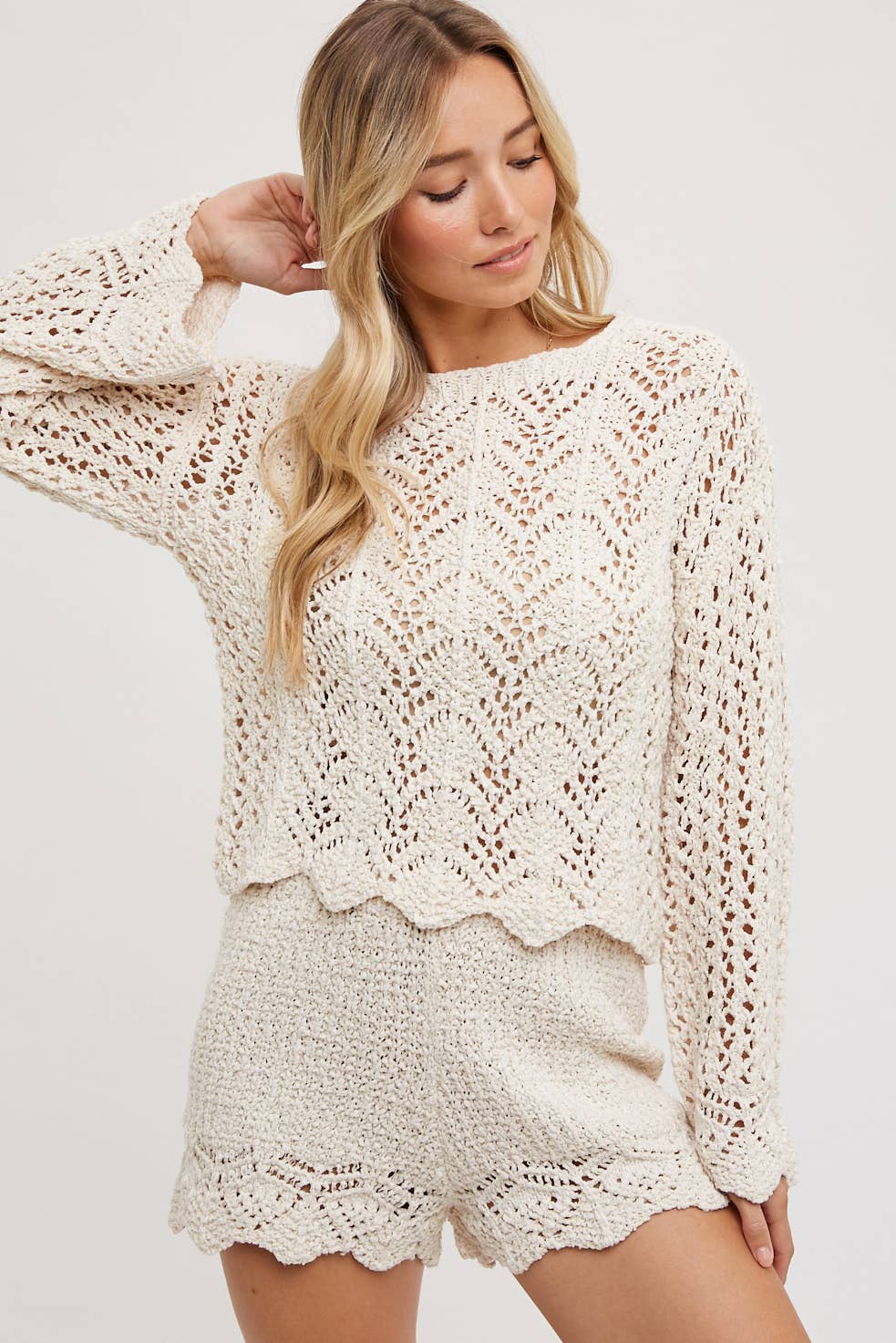 Bluivy - Open Knit Sweater Pullover & Shorts Set