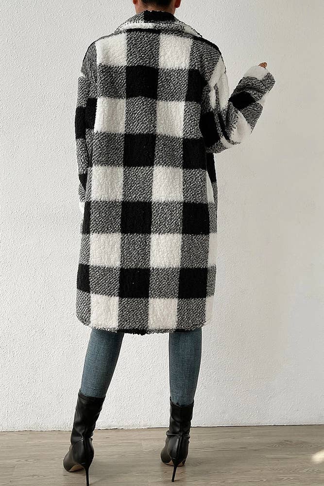 UNISHE - Plaid Plush Button Up Long Length Jacket - Black