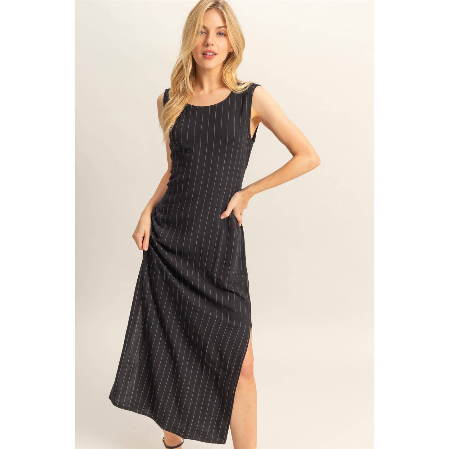 HYFVE - HF25E059-Striped Rayon Linen Side Slit Maxi Dress