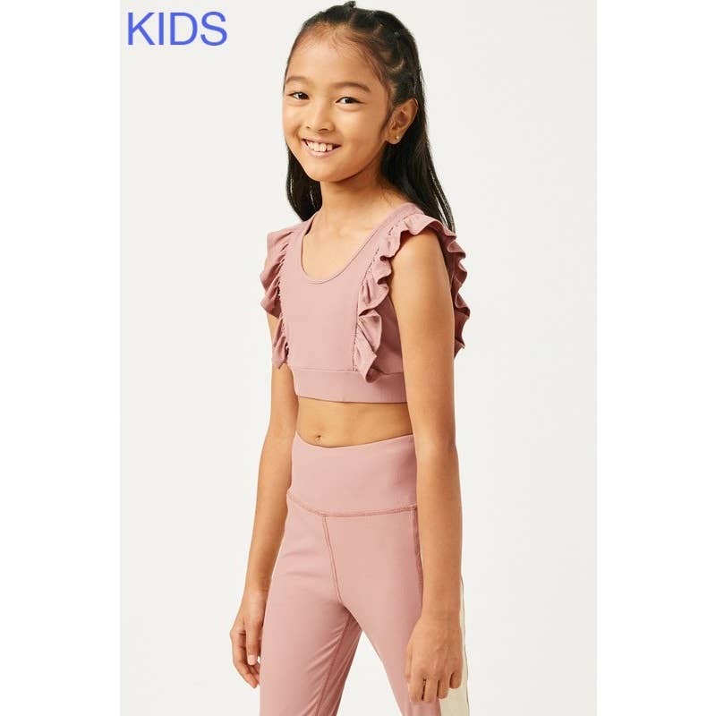Paperdoll - Girls Ruffled Shoulder Ribbed Active Crop Top