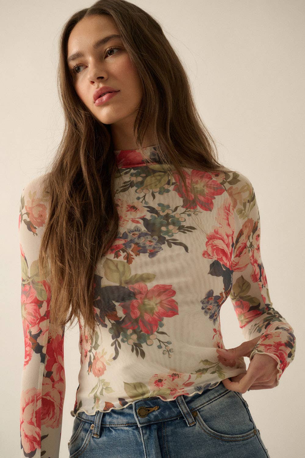 Promesa USA - Floral-Print Mesh Mock-Neck Thumbhole Top