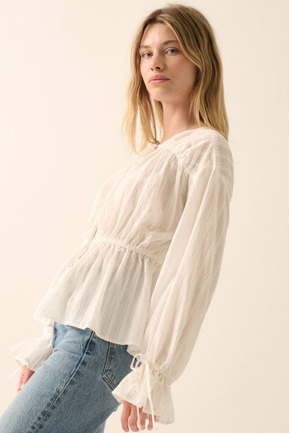 Promesa USA - Solid Tiered Ruched Woven Blouse - Off-White