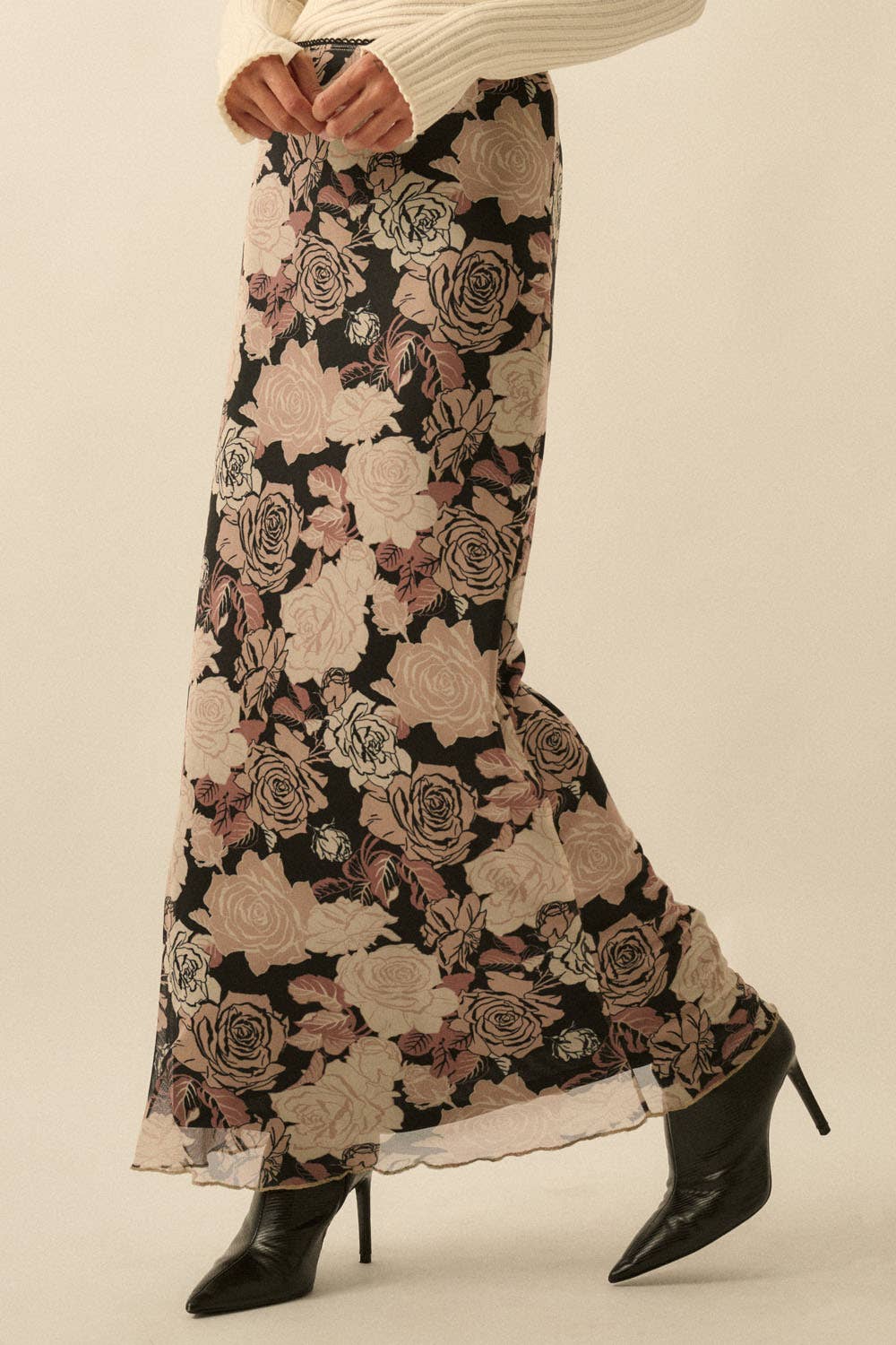 Promesa USA - Floral-Print Mesh Fitted Maxi Skirt