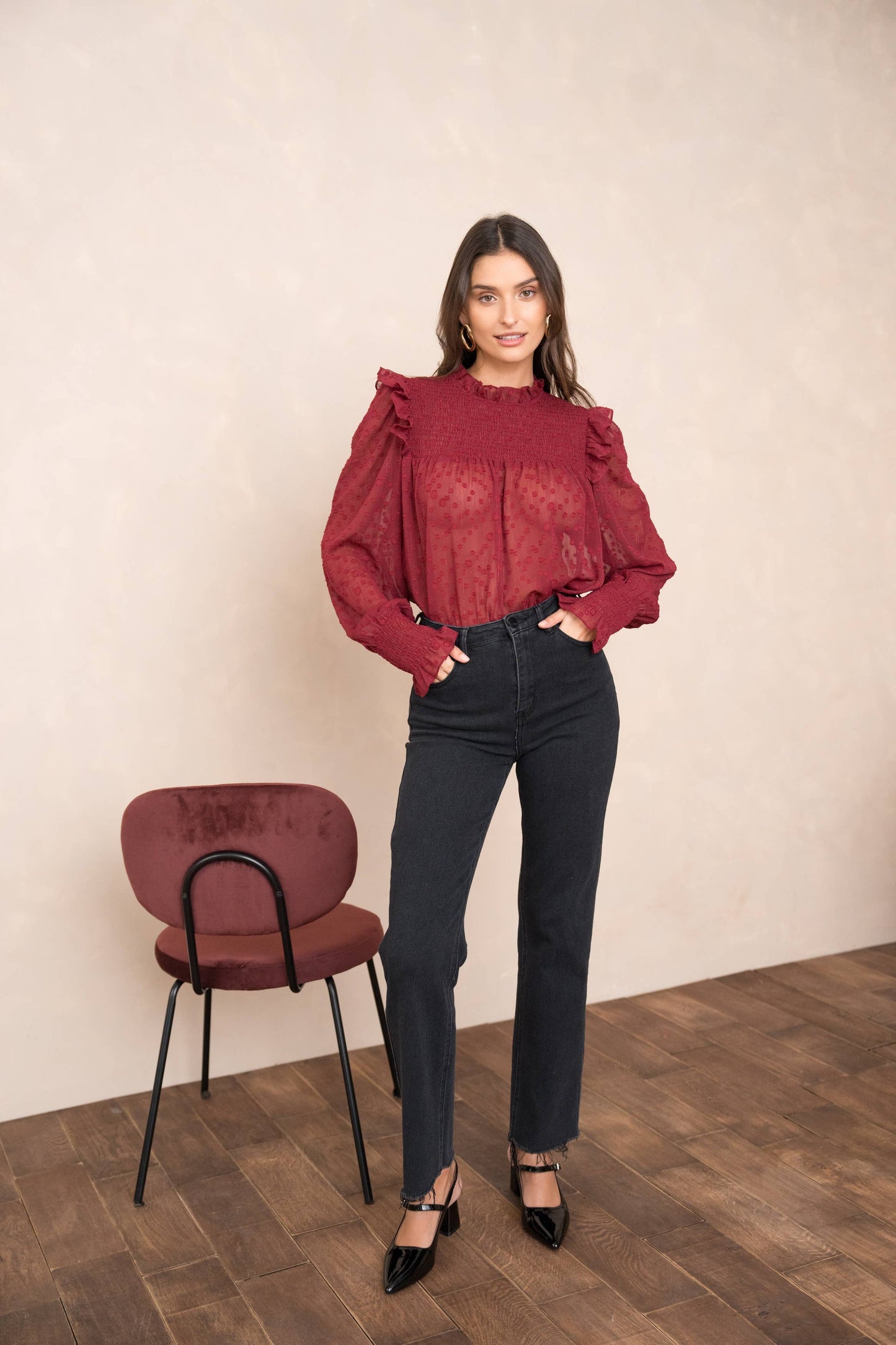 Choklate Paris - Blouse with Ruffled Collar and Sleeves - Bordeaux