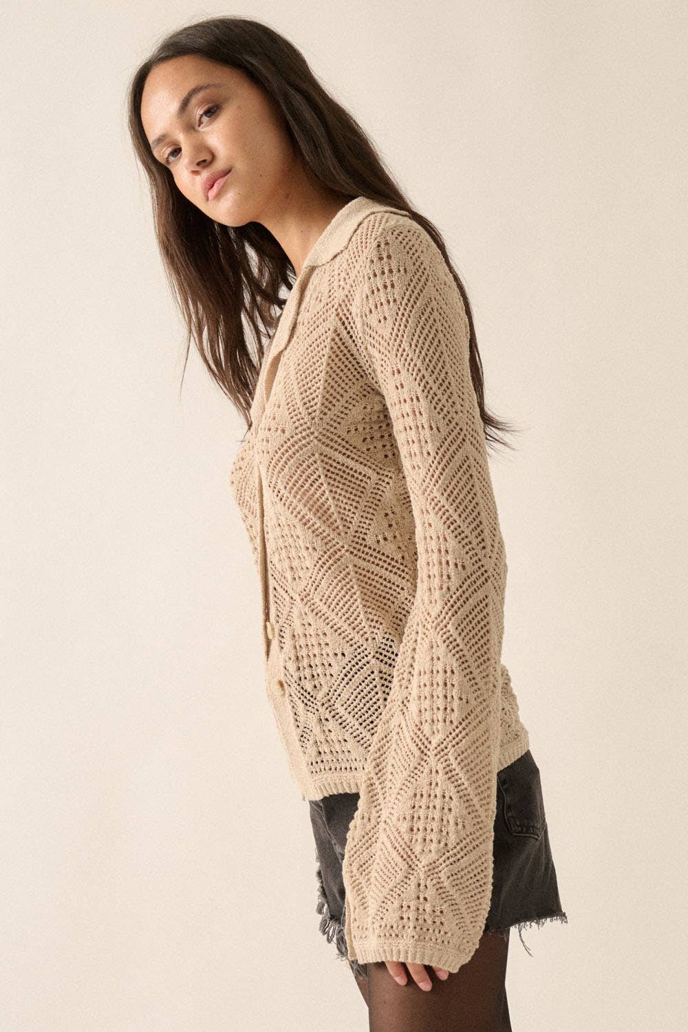 Promesa USA - Solid Geometric-Pointelle Bell-Sleeve Cardigan - Oatmeal
