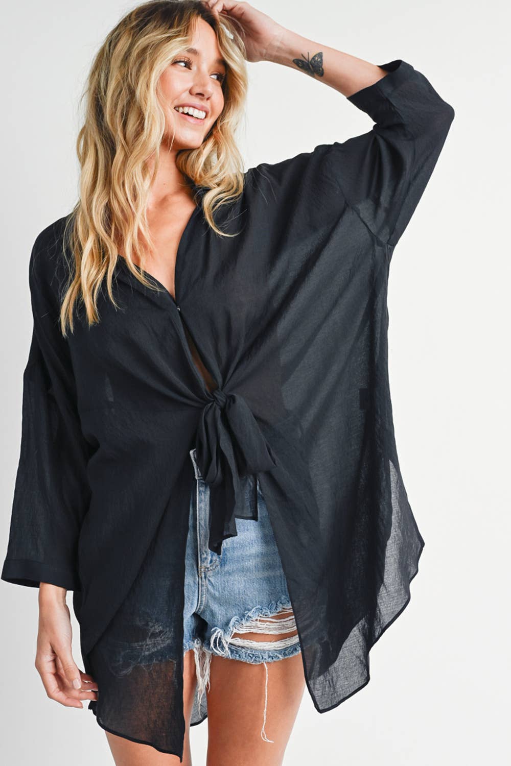 Bluivy - TIE-FRONT DOPHIN HEM TUNIC SHIRT