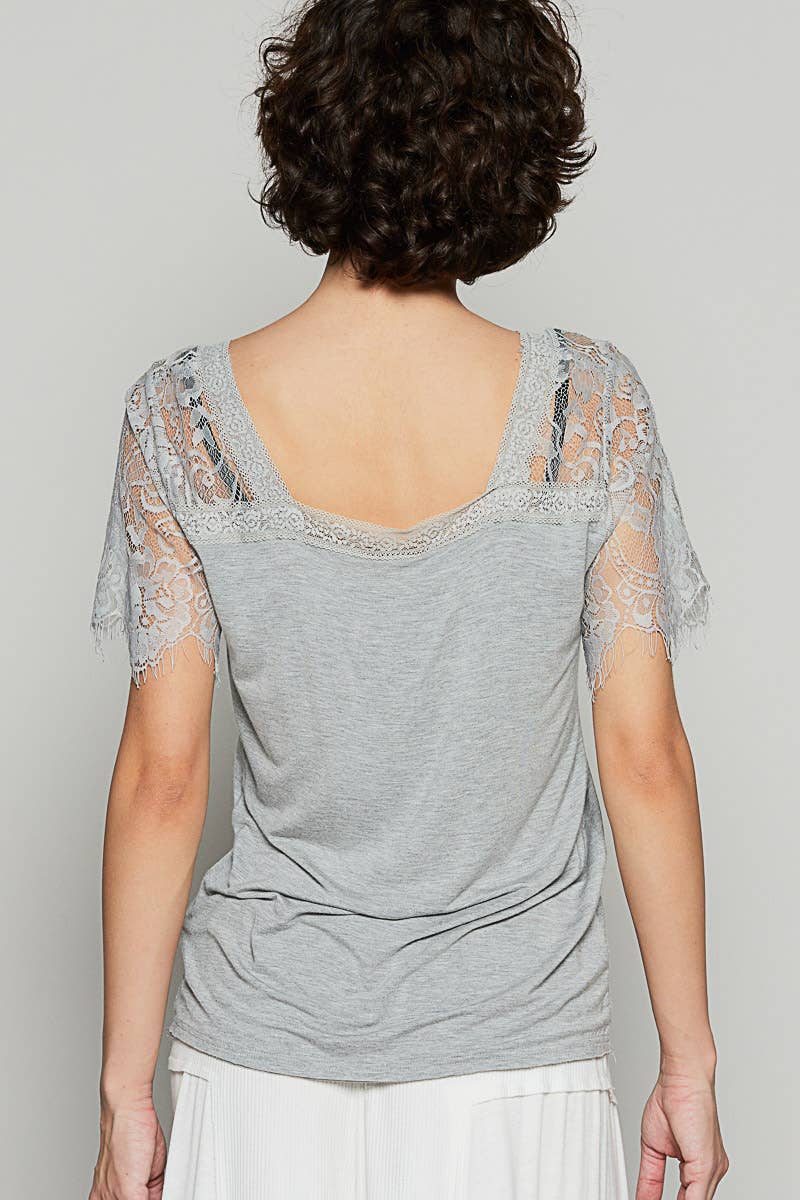 Pol Clothing - 1/2 lace sleeve v-neck tee