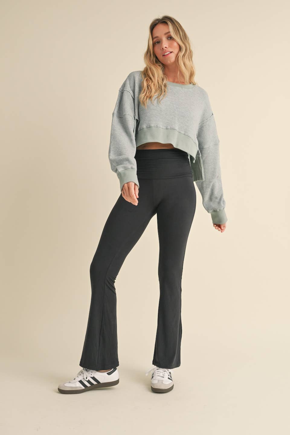 KIMBERLY C - Waffle Knit Oversized Long Sleeve Top - Grey