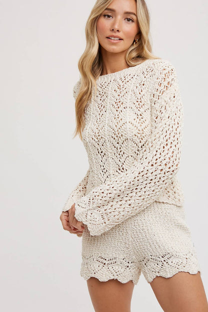 Bluivy - Open Knit Sweater Pullover & Shorts Set