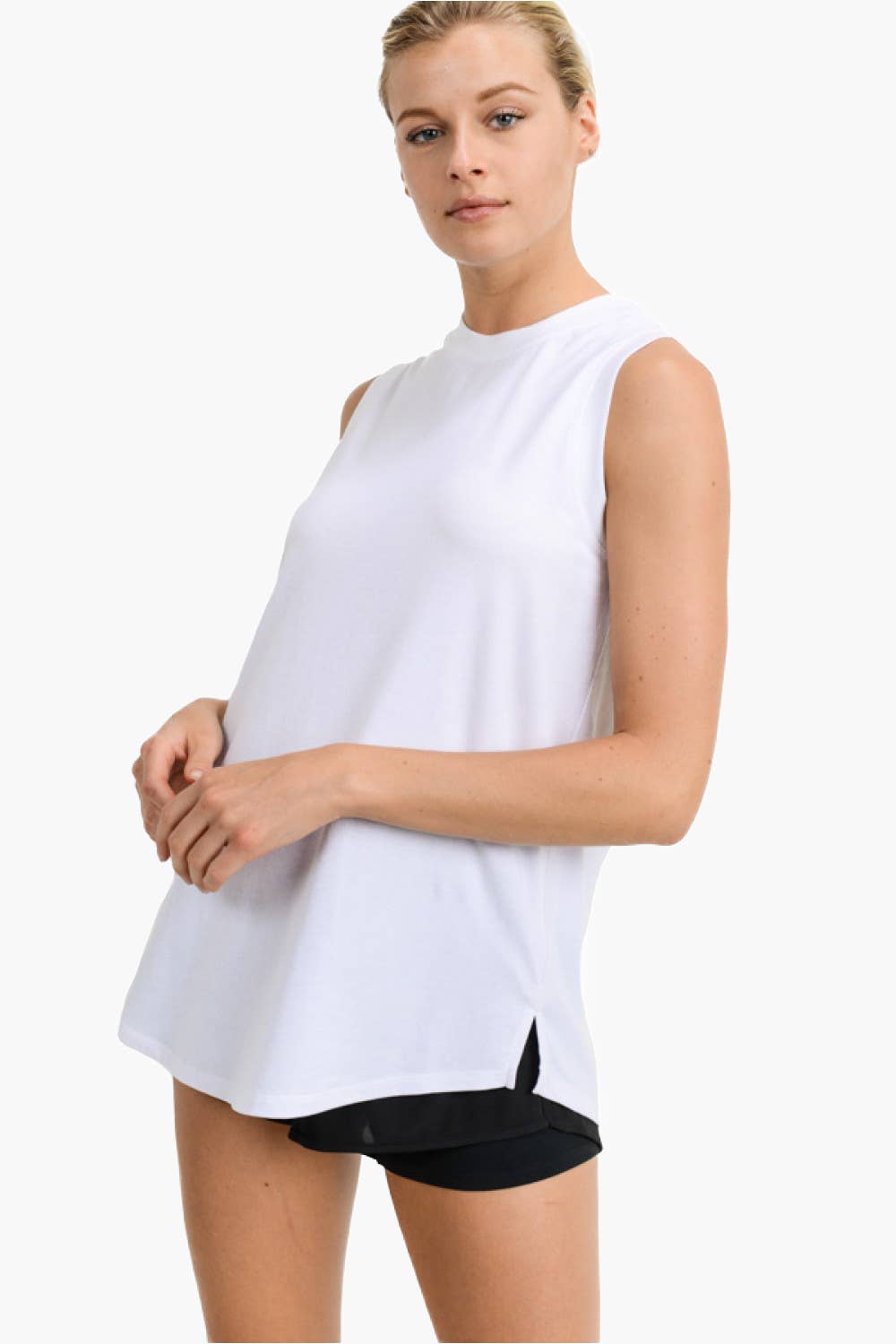 Mono B - Notched Sleeveless Flowy Tank Top - White
