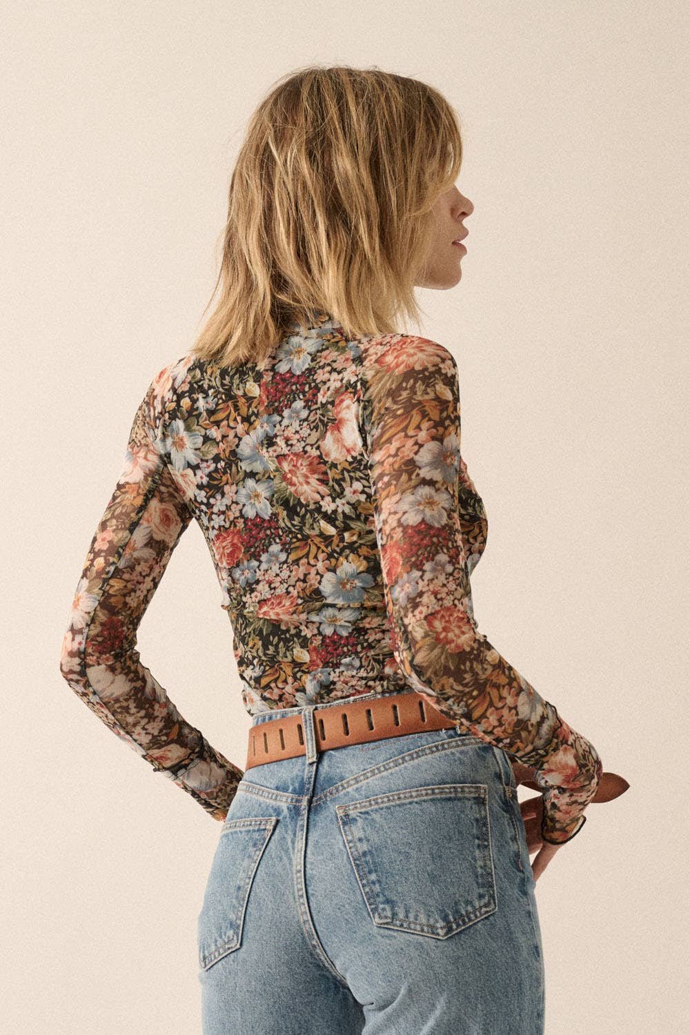 Promesa USA - Floral Mesh Long-Sleeve Mock Neck Top