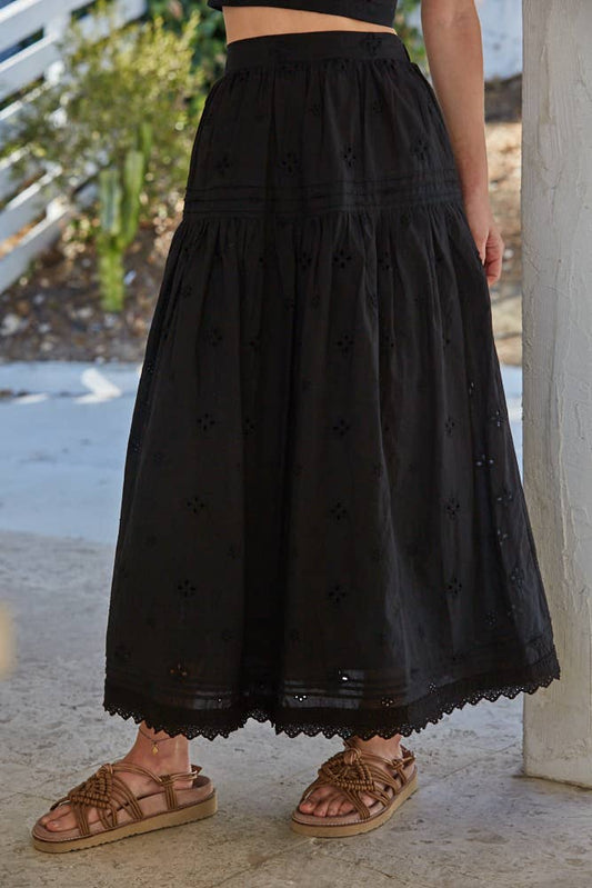 By Together - Woven Cotton Eyelet Lace And Pintuck Detail Skirt