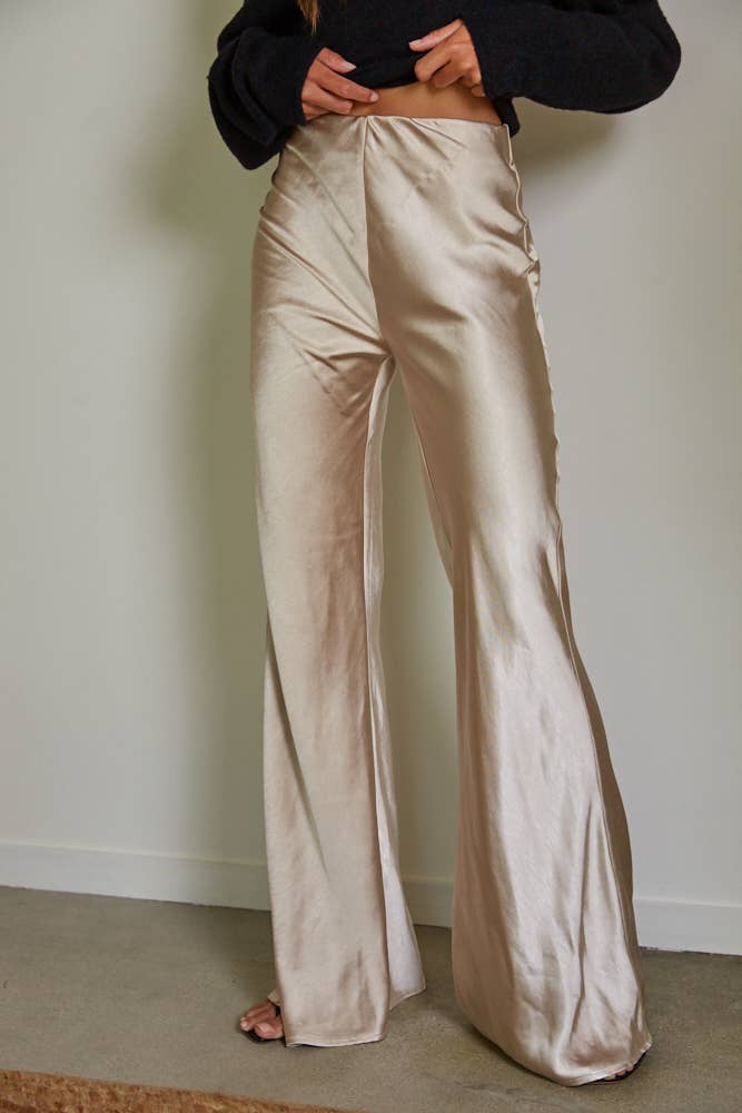 By Together - Woven Polyester Spandex Satin High Rise Pants - Champagne
