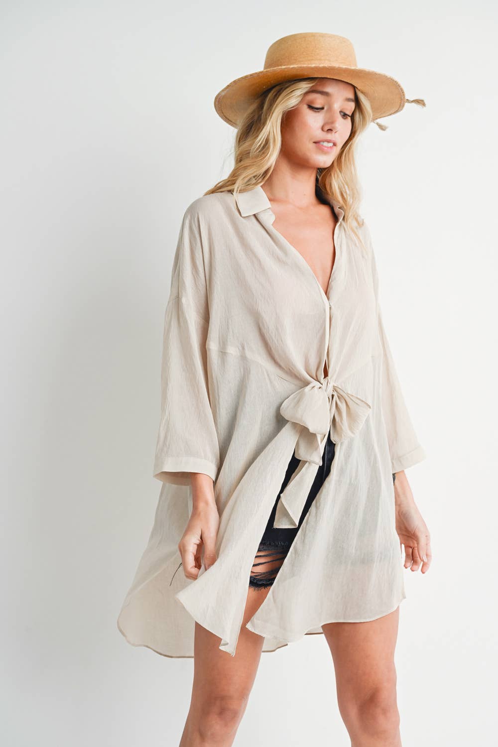 Bluivy - TIE-FRONT DOPHIN HEM TUNIC SHIRT