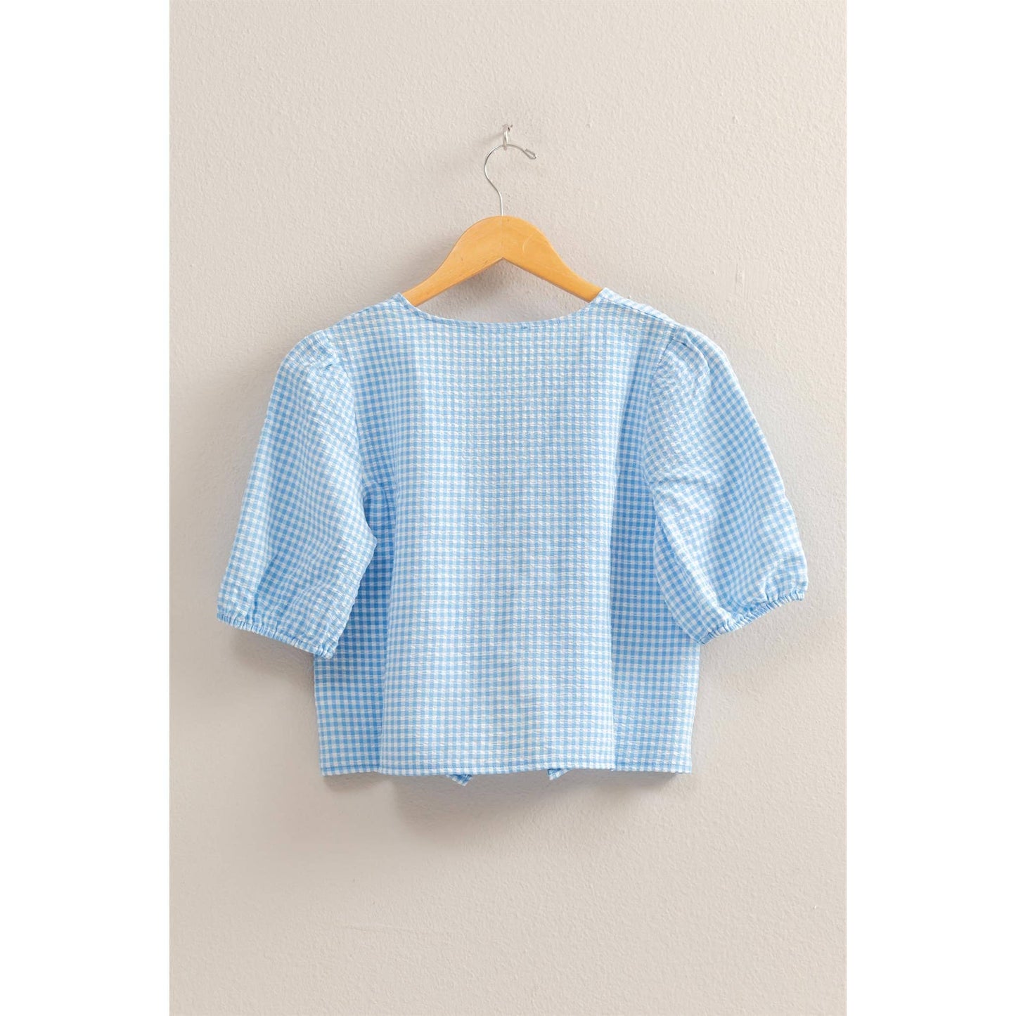 HYFVE - DZ25C145-Gingham Print Bow Tie Puff Sleeve Blouse
