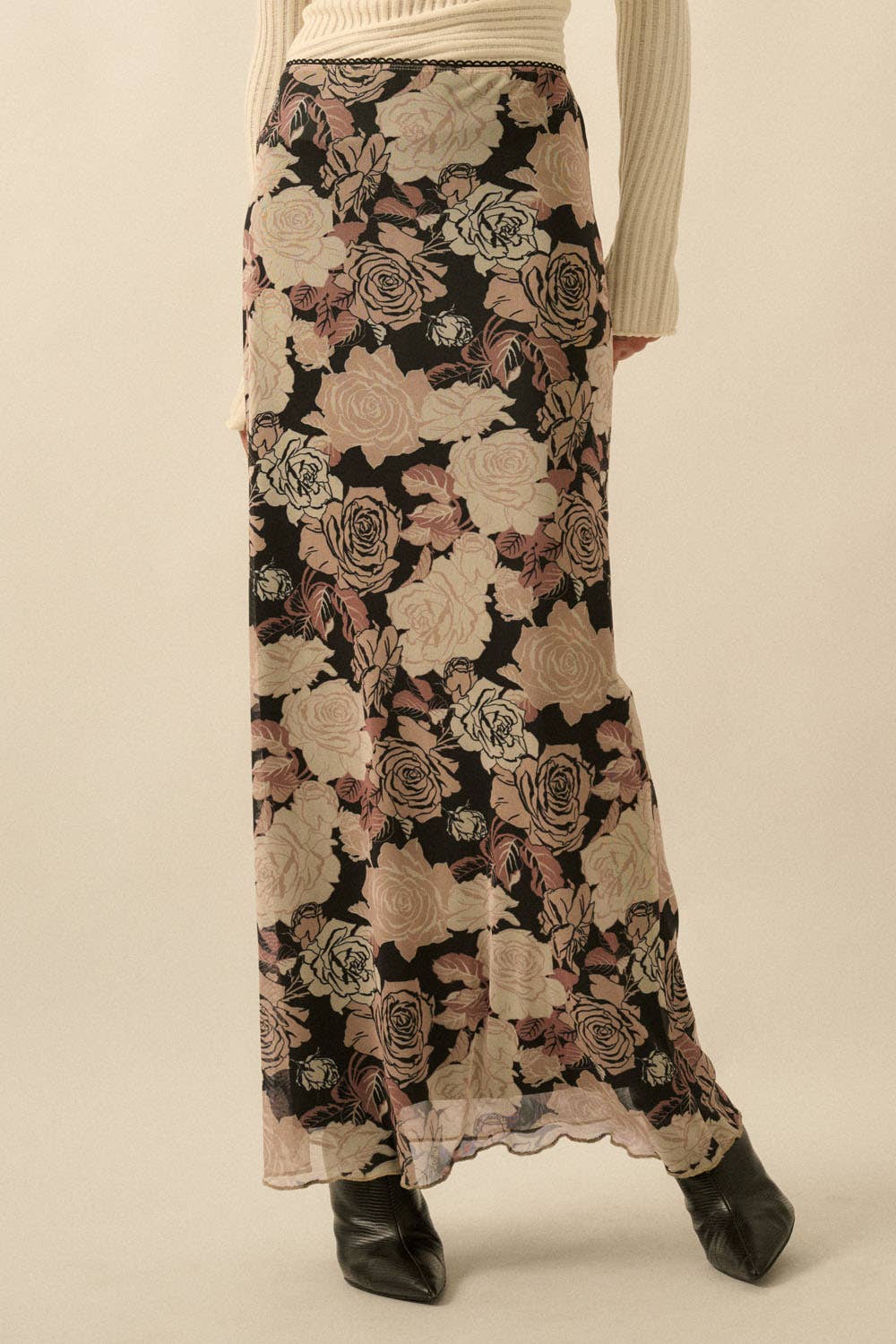 Promesa USA - Floral-Print Mesh Fitted Maxi Skirt