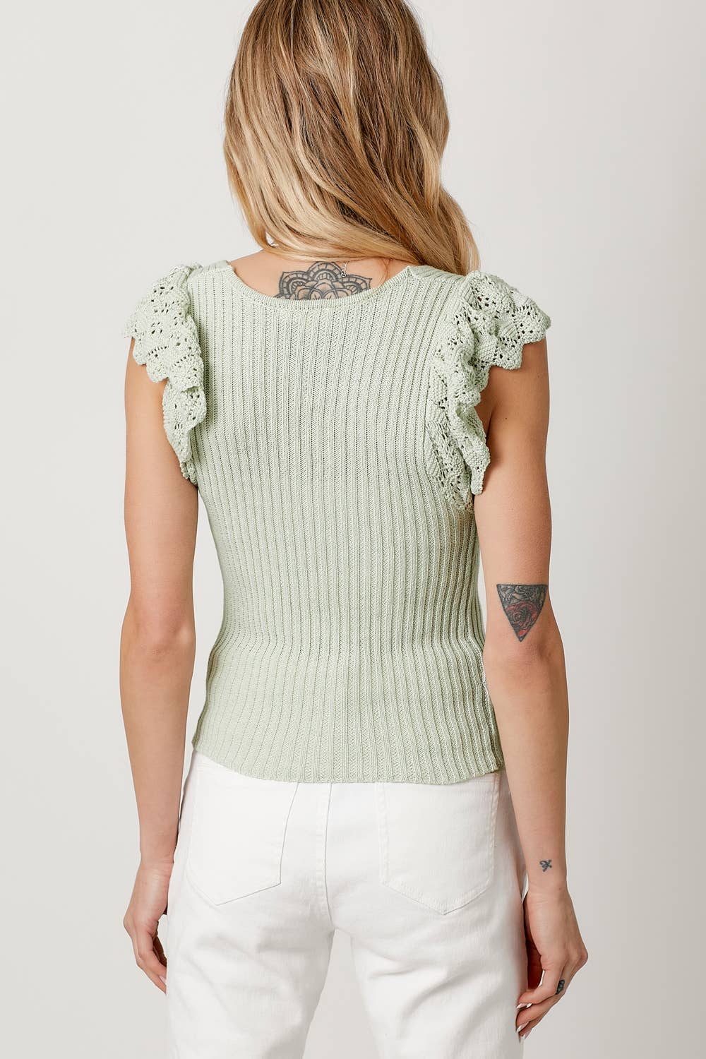 Mystree - Flutter Crochet Sleeve Sweater - Sage