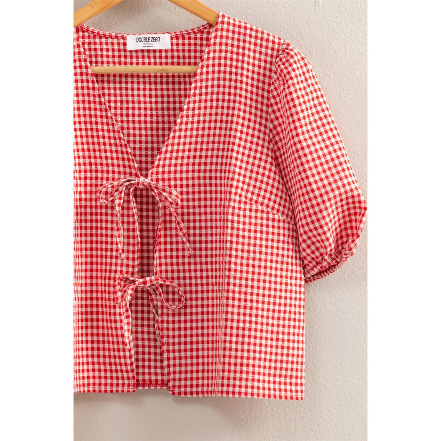HYFVE - DZ25C145-Gingham Print Bow Tie Puff Sleeve Blouse