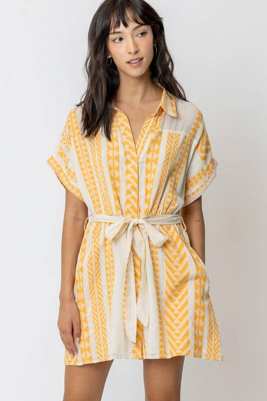 En Crème - Embroidered Belted Button Down Mini Shirt Dress