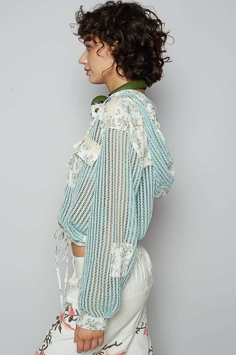 Pol Clothing - Vintage washed floral print patch crochet jacket
