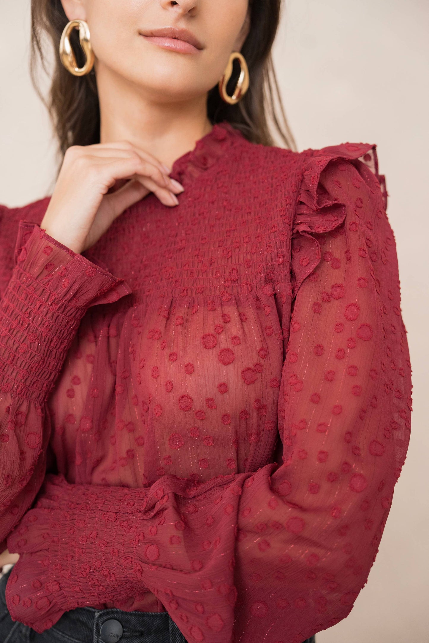 Choklate Paris - Blouse with Ruffled Collar and Sleeves - Bordeaux