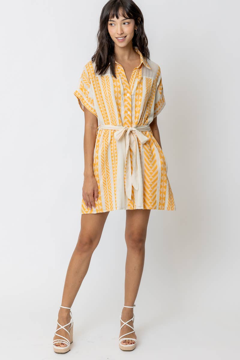 En Crème - Embroidered Belted Button Down Mini Shirt Dress