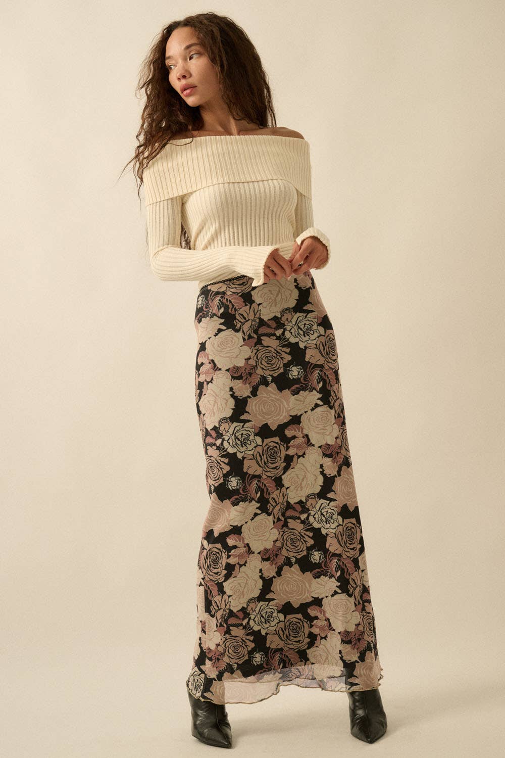 Promesa USA - Floral-Print Mesh Fitted Maxi Skirt