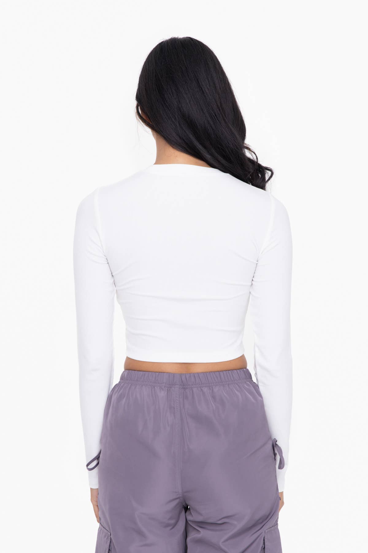 Mono B - Essential Micro-Ribbed Long-Sleeved Cropped Athleisure Top - White
