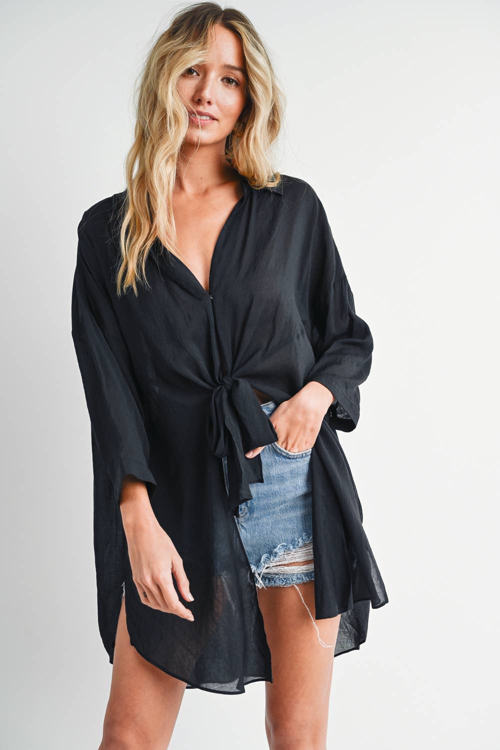 Bluivy - TIE-FRONT DOPHIN HEM TUNIC SHIRT