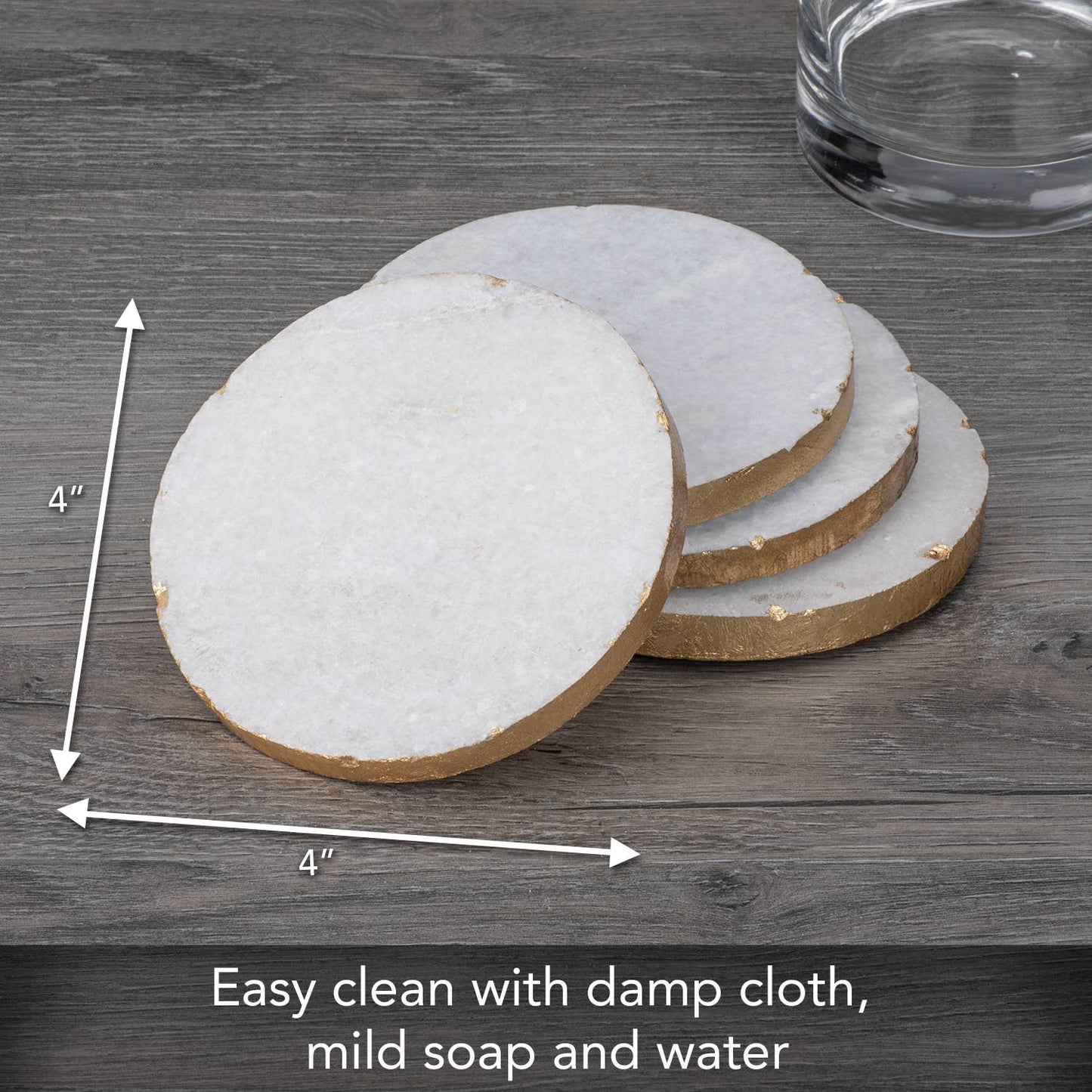 CounterArt and Highland Home - Thirstystone 4pk Round White Marble w/ Gold Edges Coasters