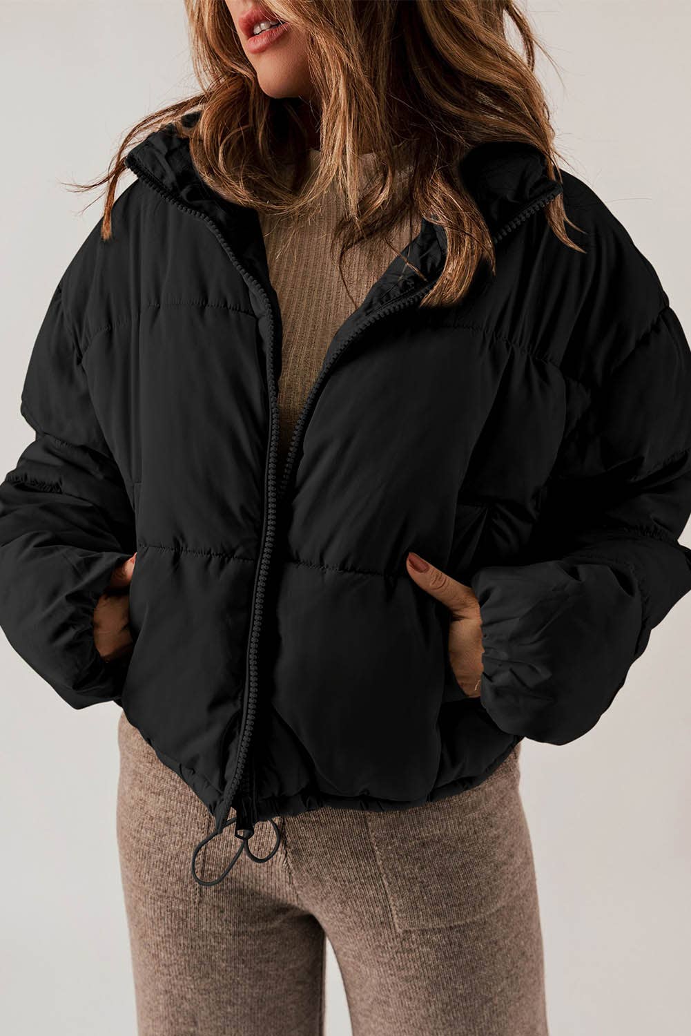 Little Daisy Closet - Black Zip Up Drawstring Hem Puffer Coat