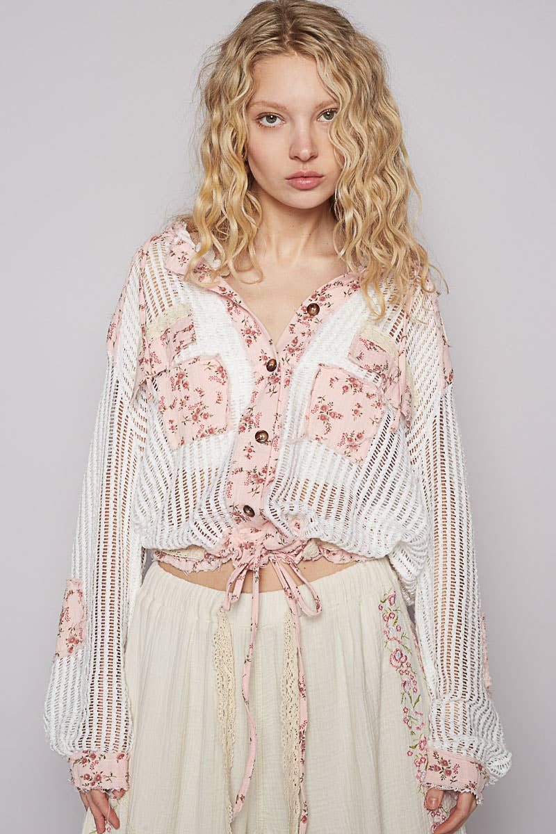 Pol Clothing - Vintage washed floral print patch crochet jacket