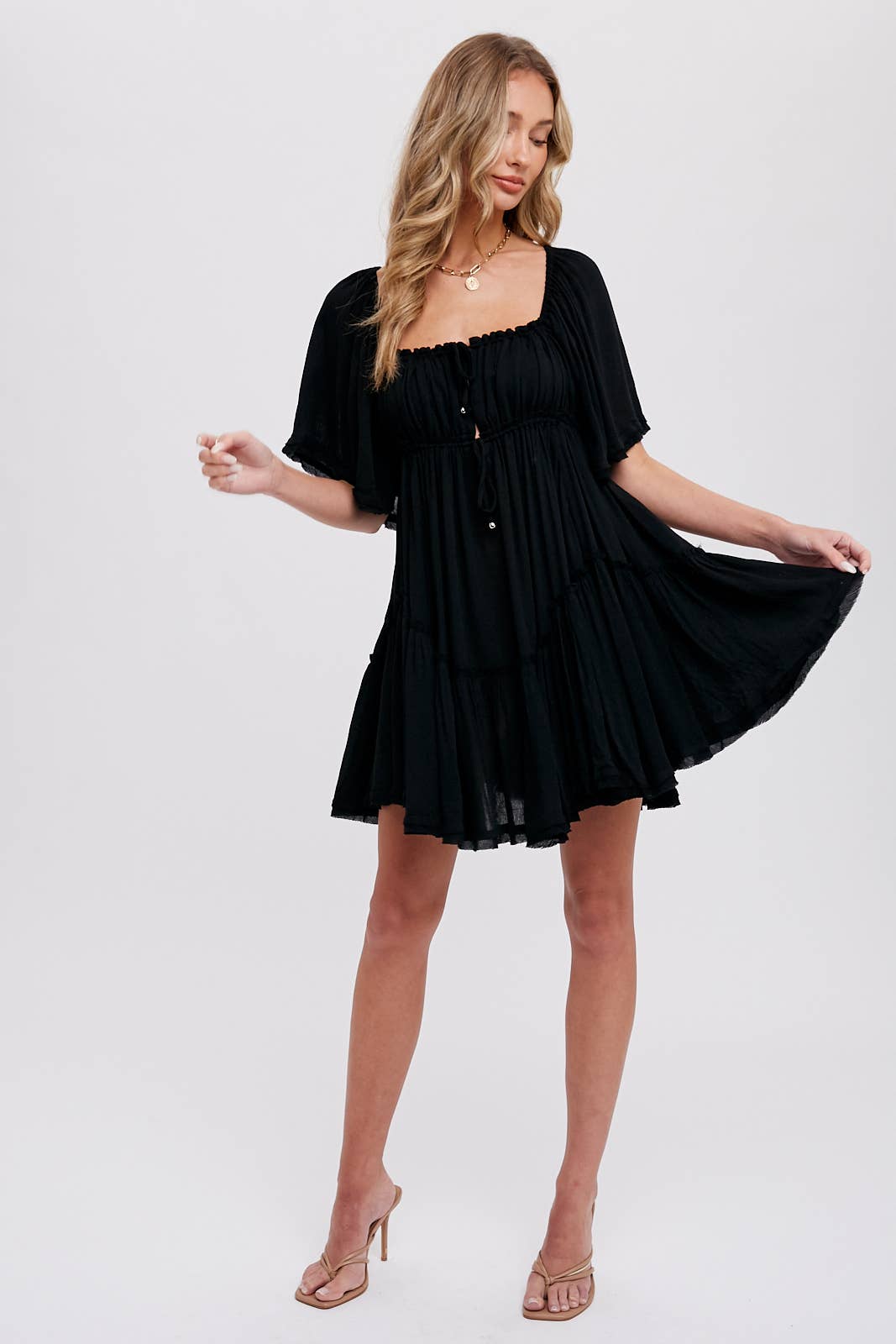 Bluivy - Ruffled Hem Ruched Mini Dress - Black