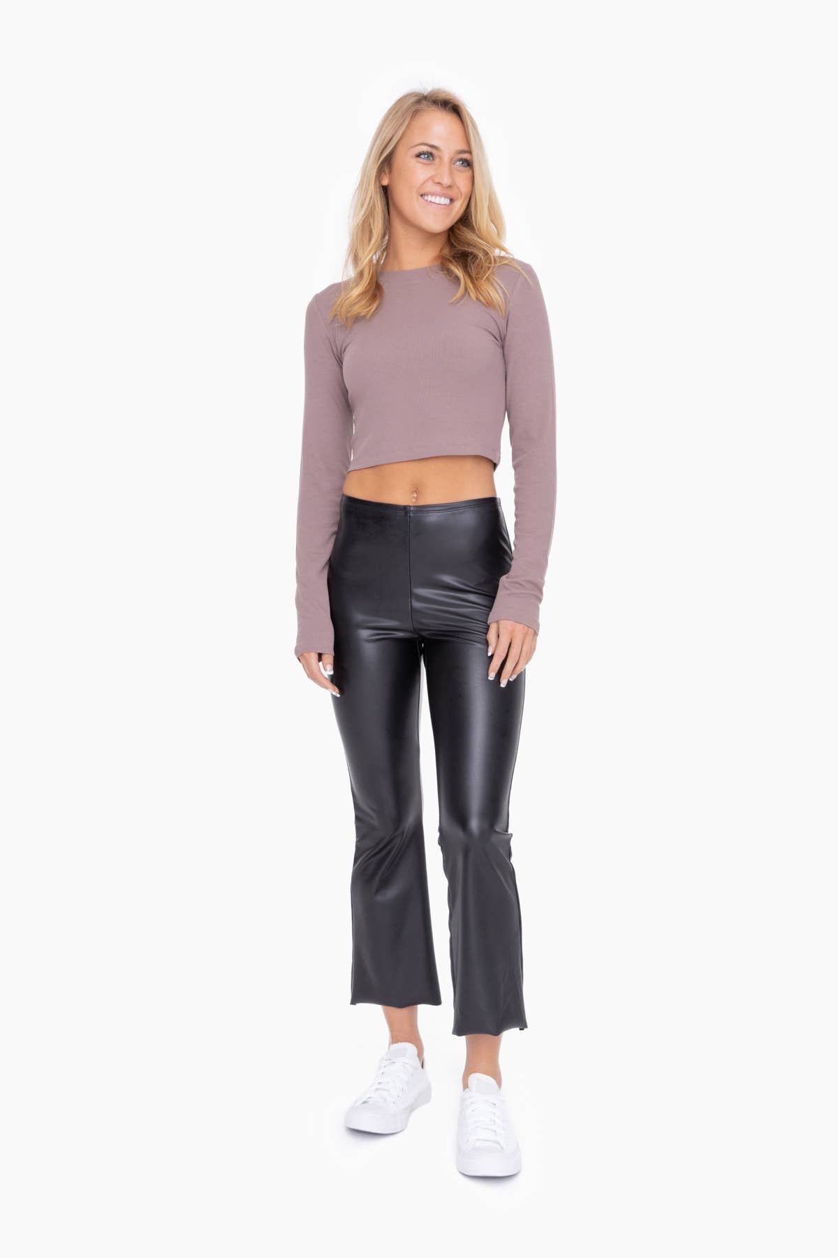 Mono B - Essential Micro-Ribbed Long-Sleeved Cropped Athleisure Top - Deep Taupe