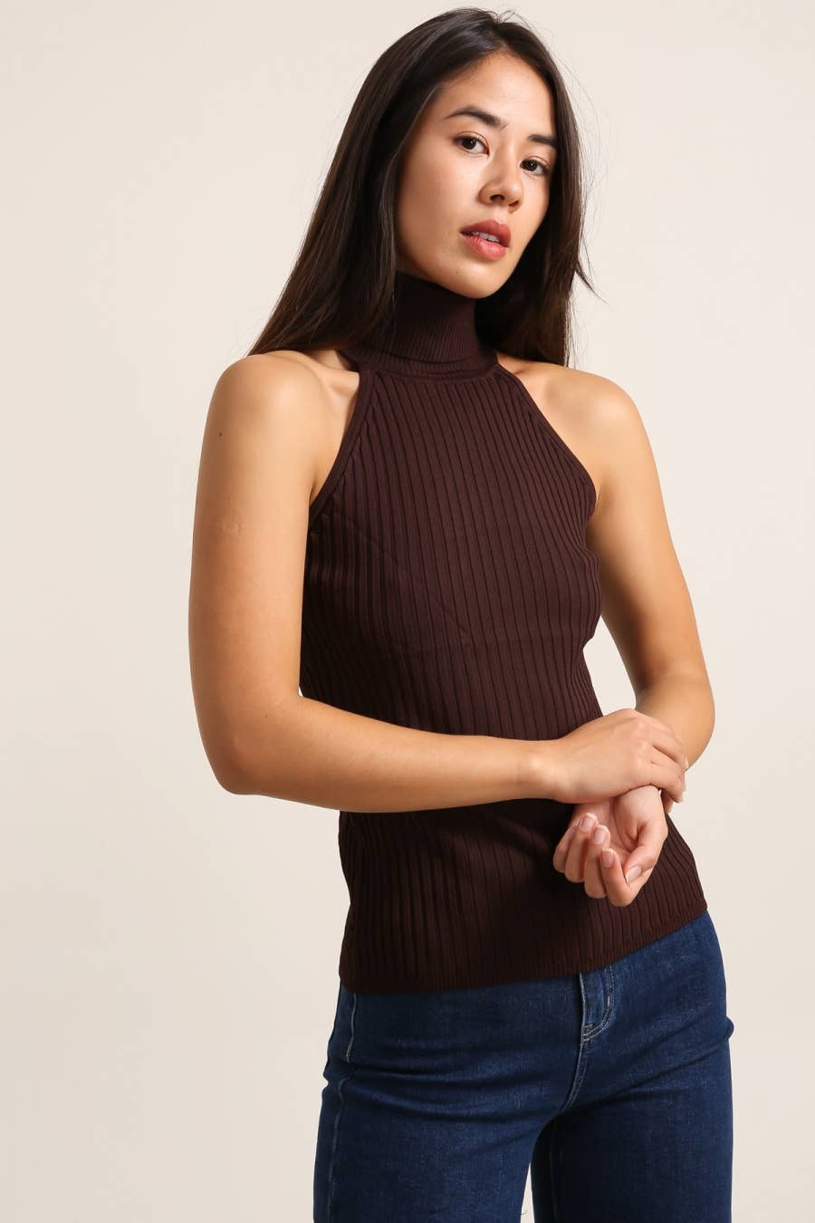 Choklate Paris - Ribbed Knit Turtleneck Tank Top - Choco