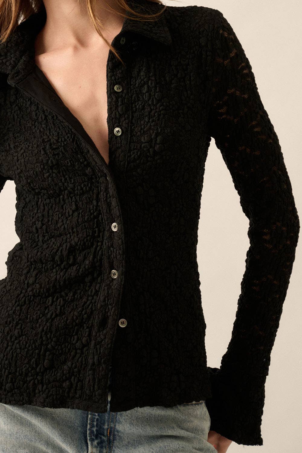 Promesa USA - Floral Lace Flare Sleeve Woven Shirt