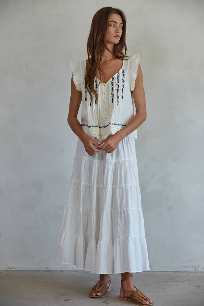 By Together - Woven Cotton Embroidered Lace Trim Ruffle Top