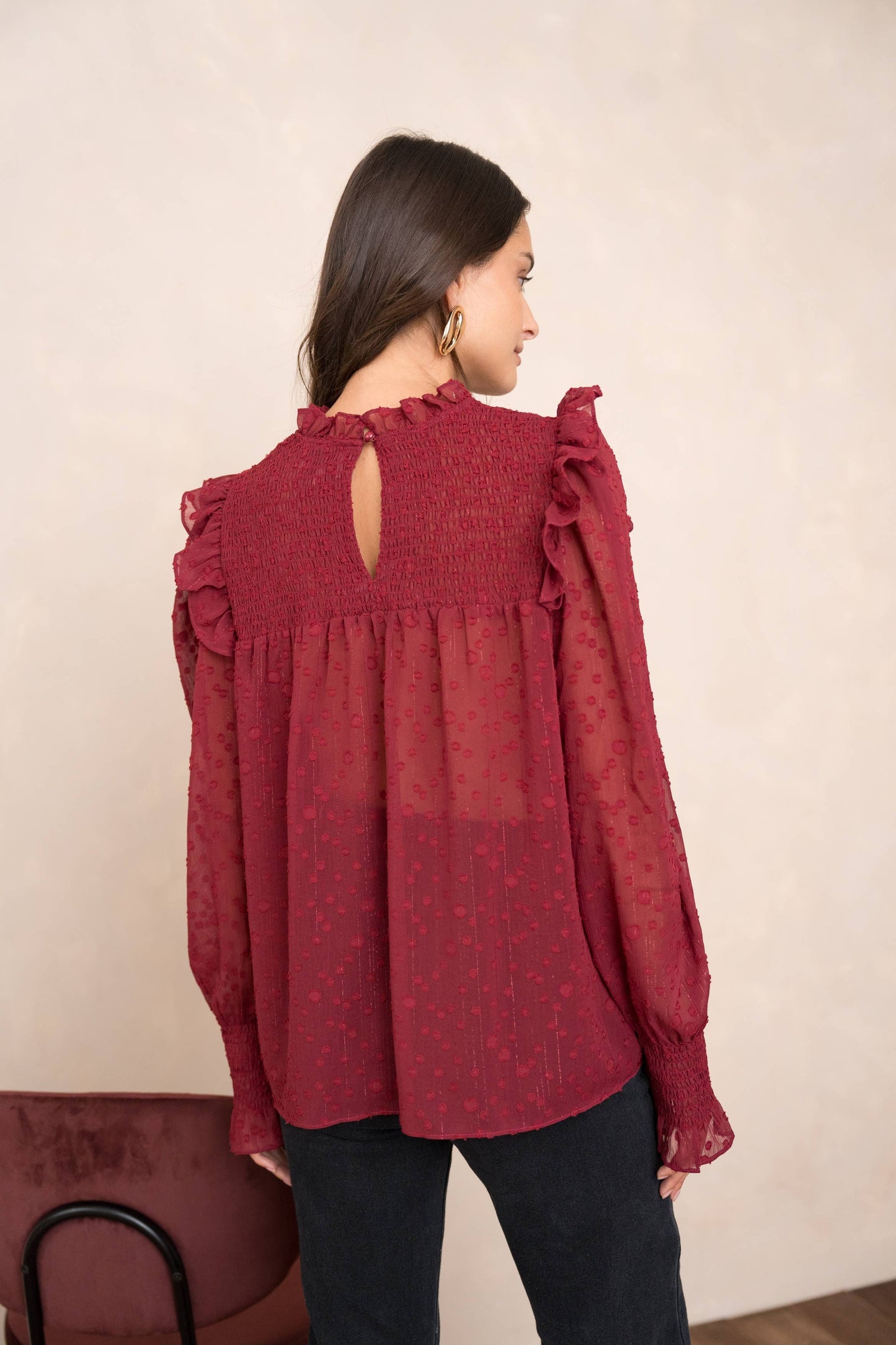 Choklate Paris - Blouse with Ruffled Collar and Sleeves - Bordeaux