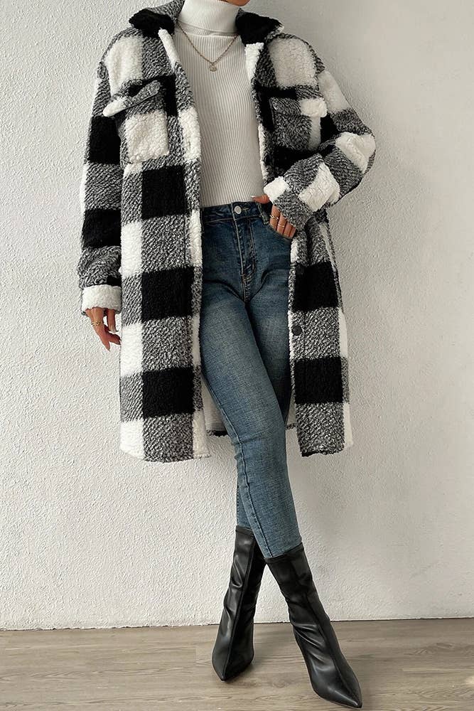 UNISHE - Plaid Plush Button Up Long Length Jacket - Black