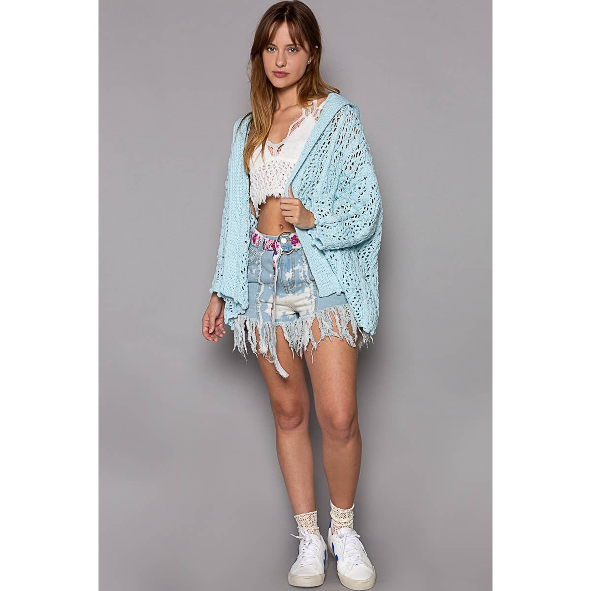 Pol Clothing - Open Weave Cardigan - Baby Blue