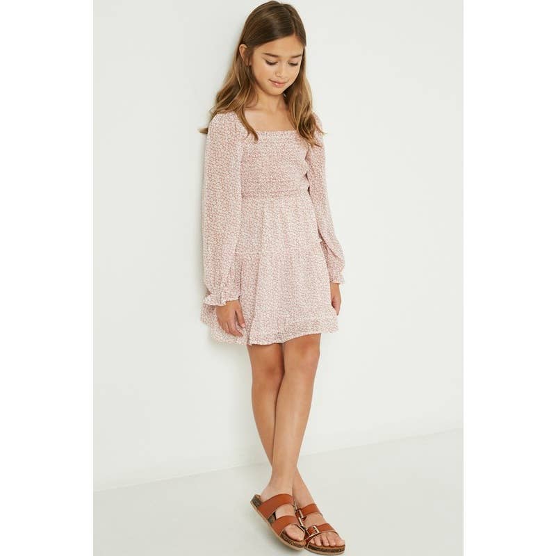 Paperdoll - Girls Smocked Square Neck Floral Mini Dress