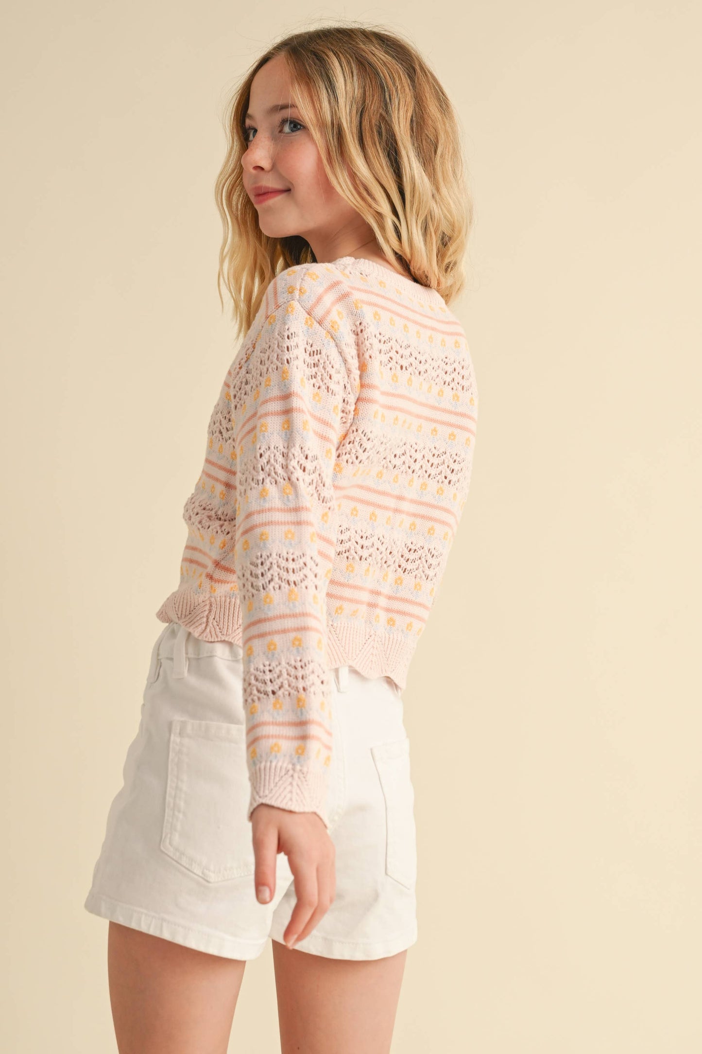 heart and arrow - KNITWEAR PULL OVER TOP IN FLOWER POINTELLE STRIPE (7-14)