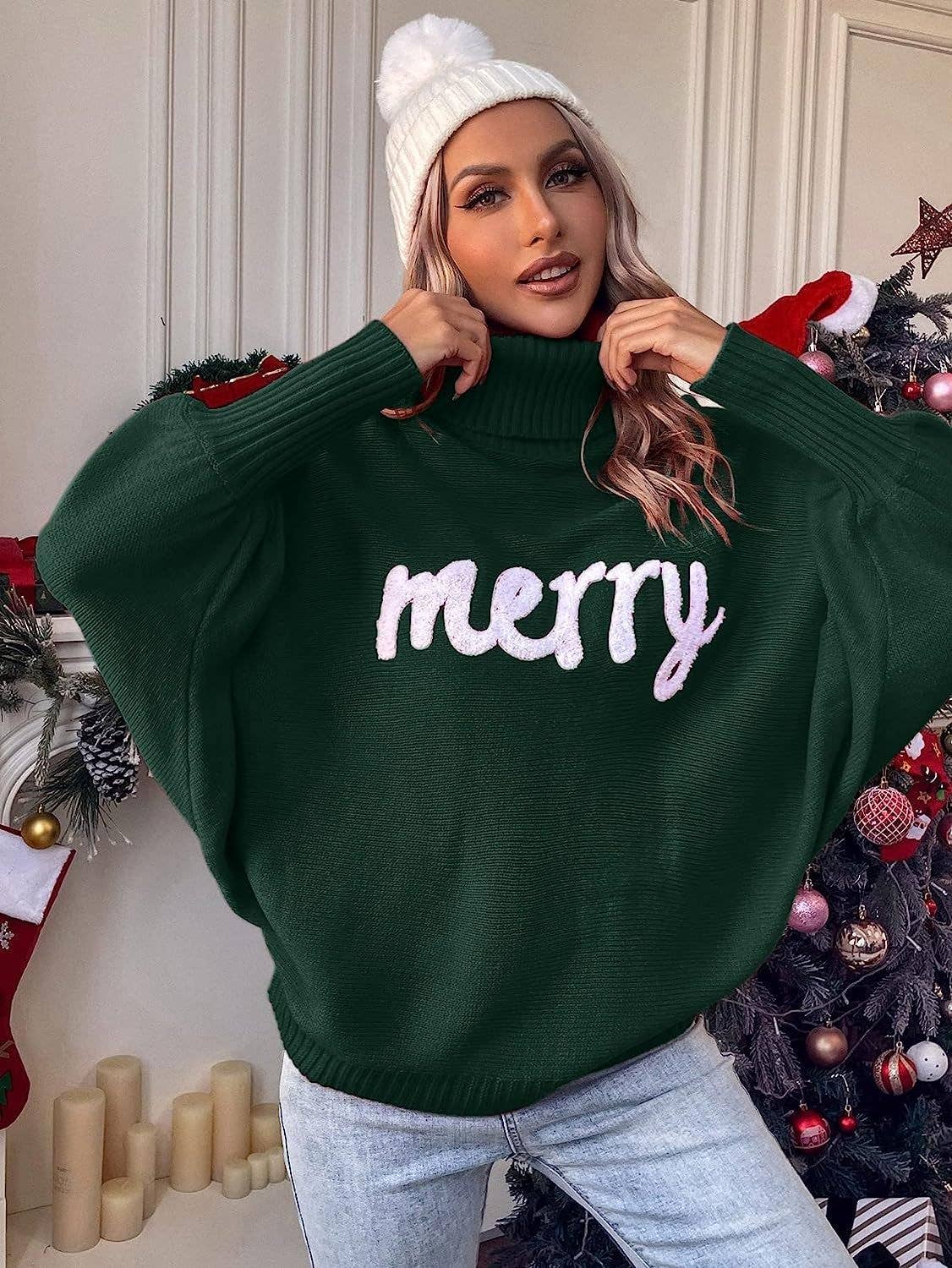 UNISHE - Merry Embroidered High Neck Sweater - Dark Green