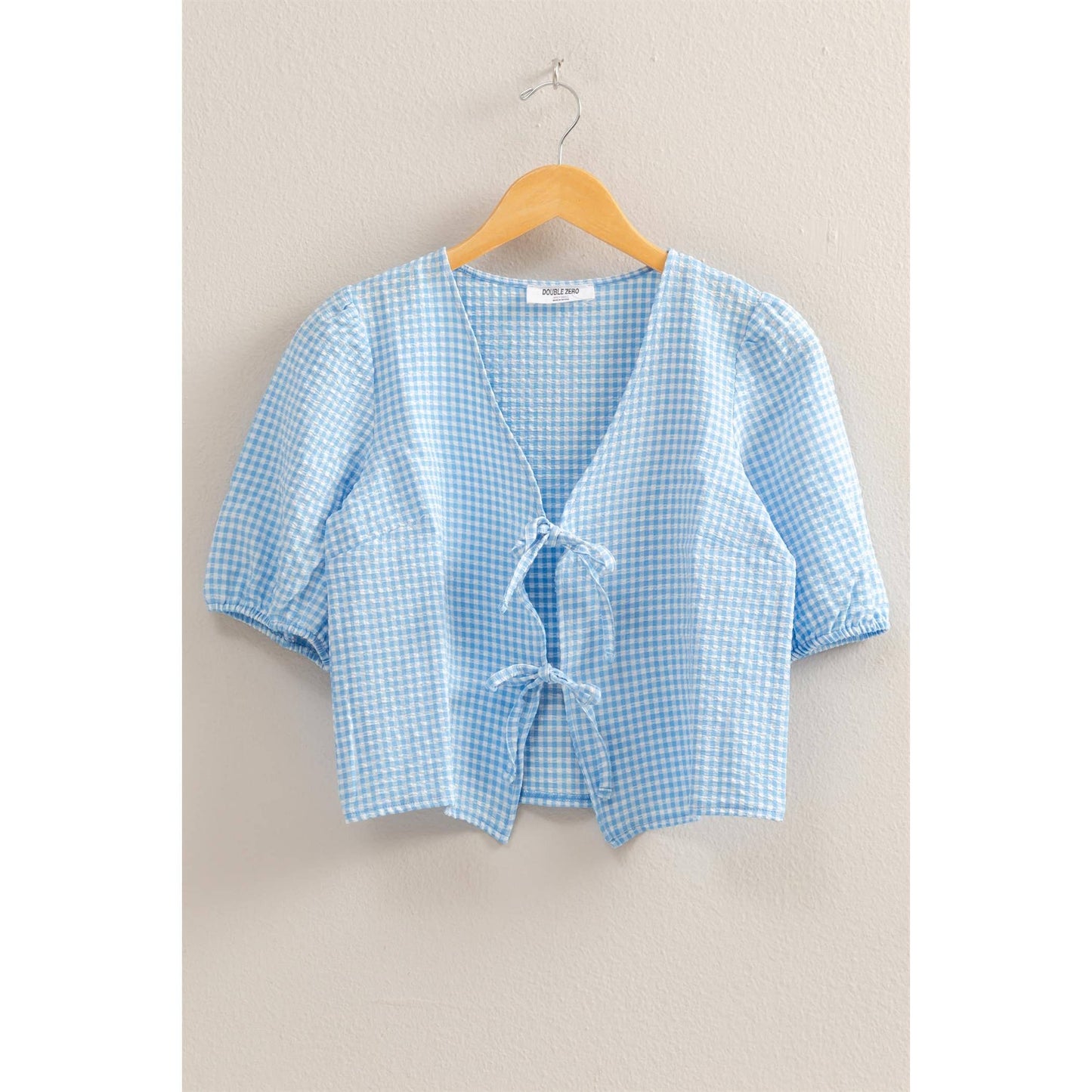 HYFVE - DZ25C145-Gingham Print Bow Tie Puff Sleeve Blouse